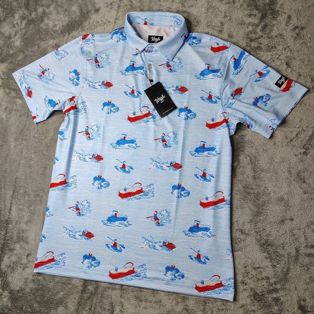 Waggle Polo Shirt Mens S Blue Lake Life Jetski All Over Print Performance‎ Golf